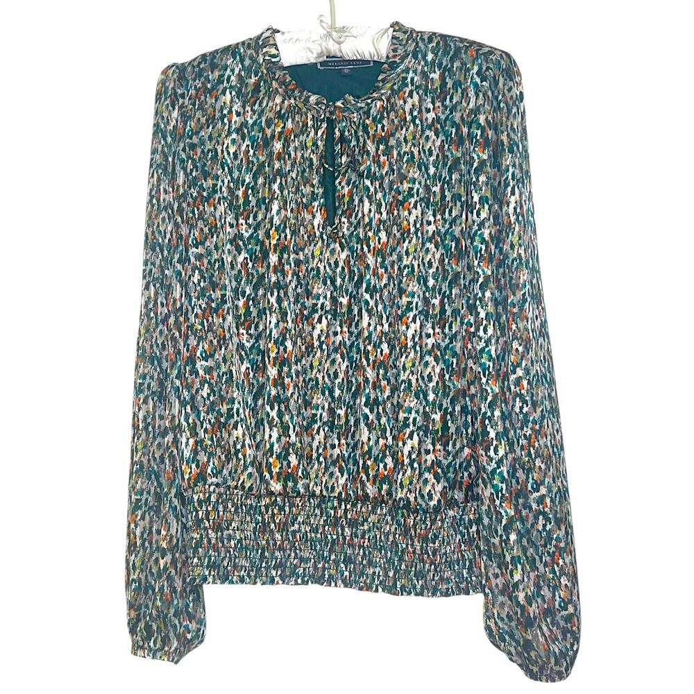 Melanie Lyne Women's Size XL Green Split Neck Blouse Smocked Sheer Long Sleeve